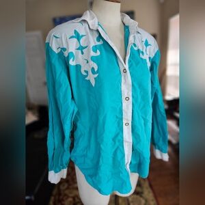 Teal and White Women's Button-Down Shirt